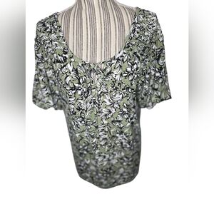 Adrienne Vittadini Womens Green Floral Blouse Size XL